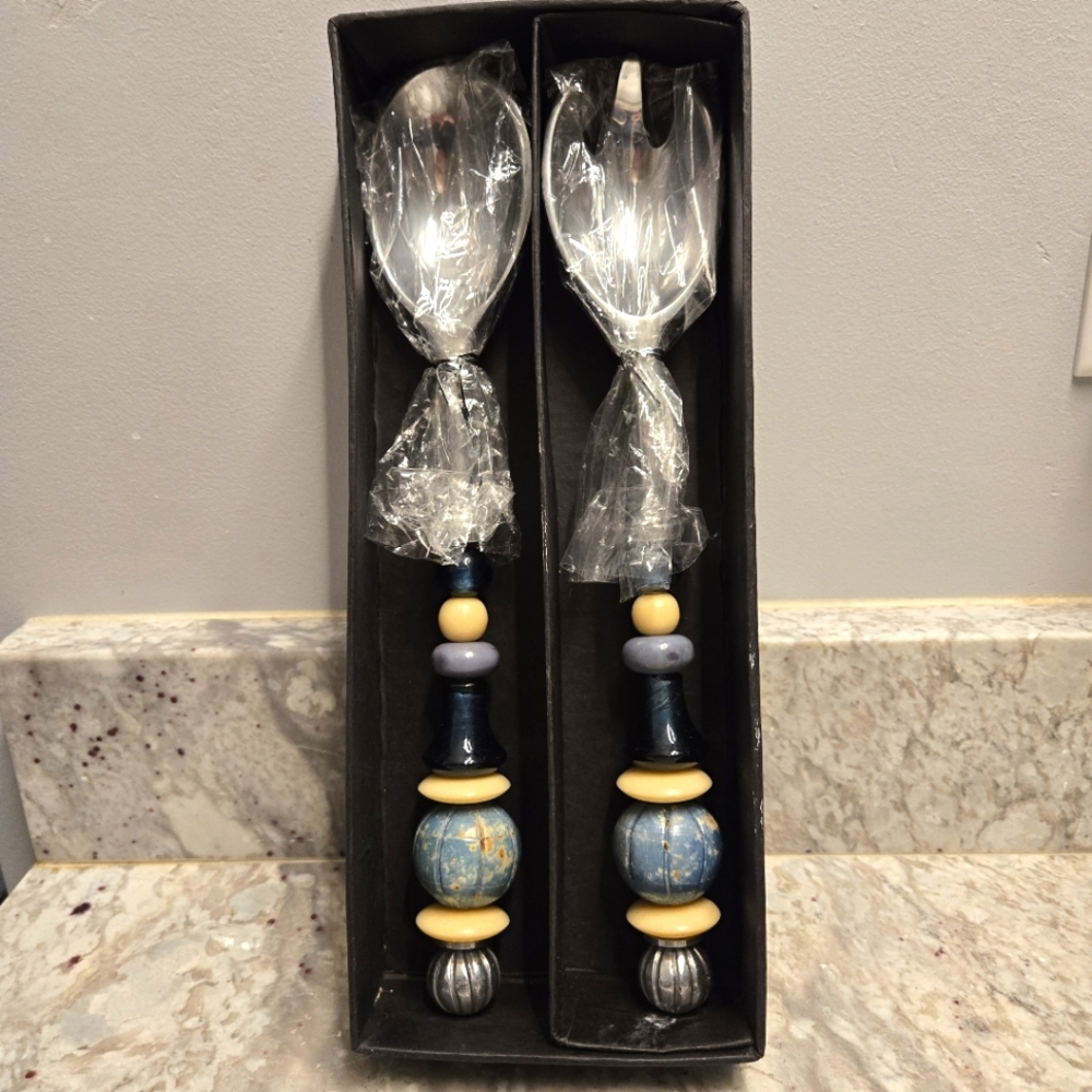 SouthCoast Beaded Handle Stainless Steel Salad Servers NWOT Original Box